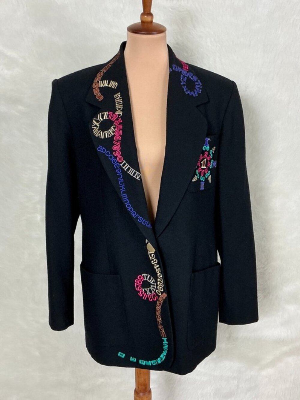 Vintage 80s 90s Black Wool ABCs 123s Embroidered Single Button Blazer Jacket 12